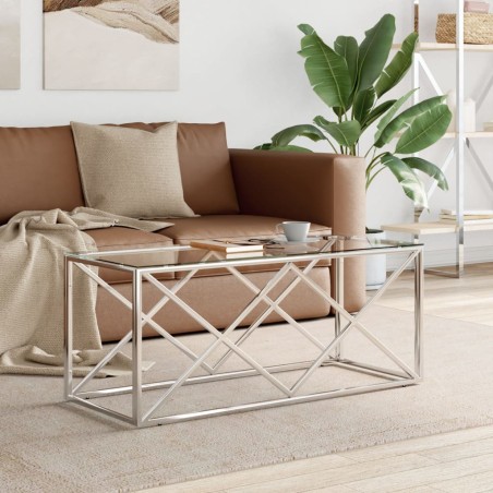 vidaXL Mesa de centro acero inoxidable y vidrio 110x45x45 cm