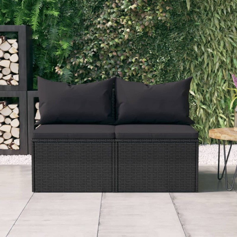 vidaXL Sofás centrales jardín con cojines 2 uds ratán sintético negro vidaXL Sofás centrales jardín con cojines 2 uds ratán sintético negro