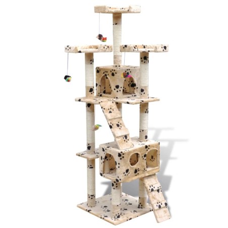 vidaXL Poste rascador para gatos con 2 casas beige con huellas 170 cm