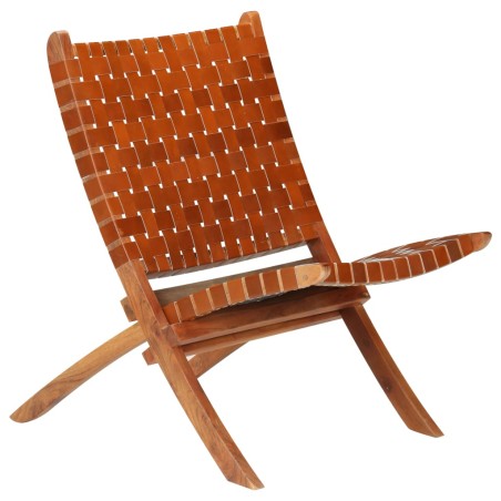 vidaXL Silla plegable de tiras cruzadas de cuero auténtico marrón