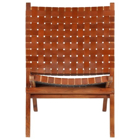 vidaXL Silla plegable de tiras cruzadas de cuero auténtico marrón