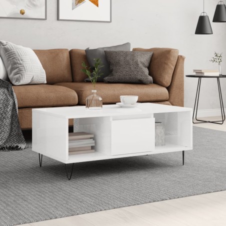vidaXL Mesa de centro madera contrachapada blanco brillo 90x50x36,5 cm