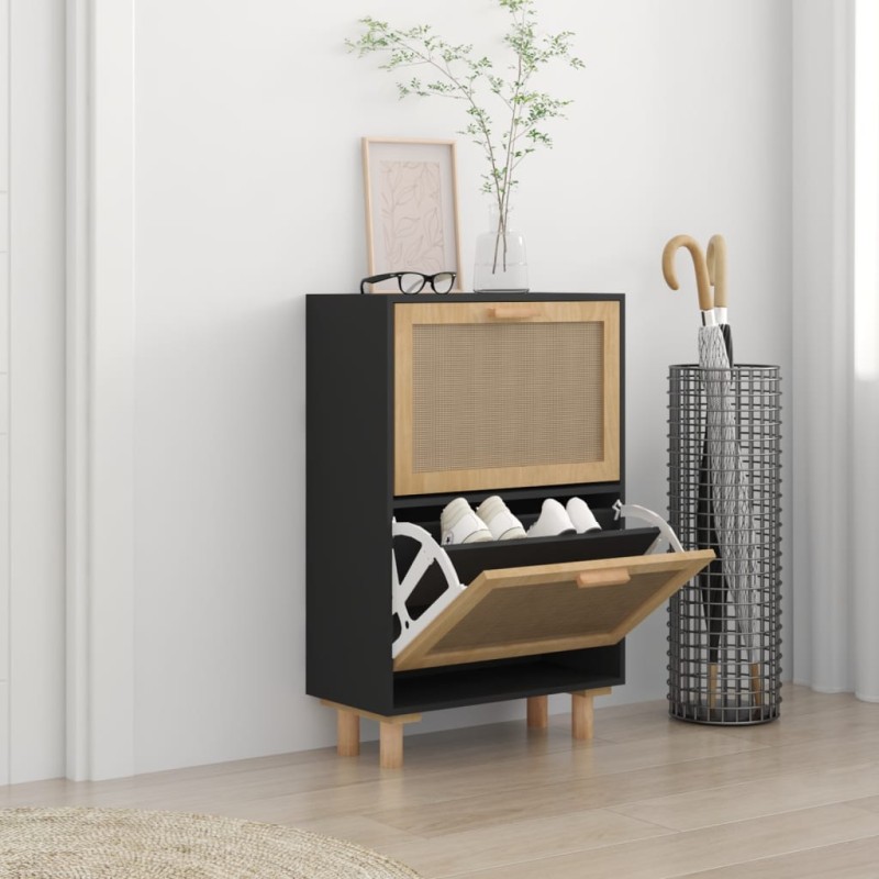 vidaXL Zapatero madera contrachapada negro ratán natural 52x25x80 cm vidaXL Zapatero madera contrachapada negro ratán natural 52x25x80 cm