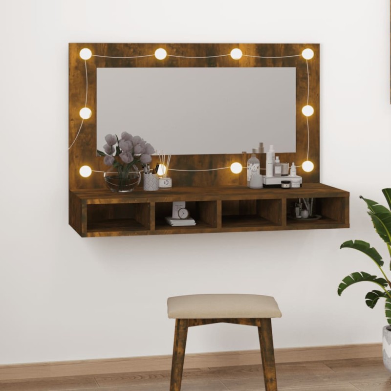 vidaXL Mueble con espejo y LED color roble ahumado 90x31,5x62 cm vidaXL Mueble con espejo y LED color roble ahumado 90x31,5x62 cm