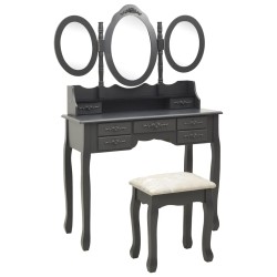 vidaXL Tocador con taburete y espejo triple plegable gris