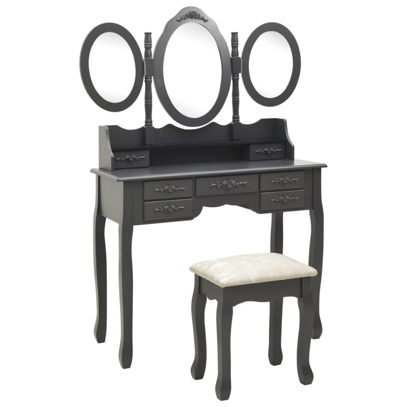 vidaXL Tocador con taburete y espejo triple plegable gris