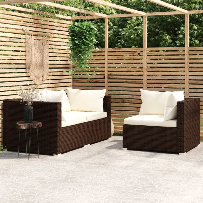vidaXL Set muebles de jardín 3 pzas y cojines ratán sintético marrón vidaXL Set muebles de jardín 3 pzas y cojines ratán sintético marrón