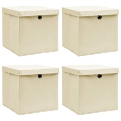  vidaXL Cajas de almacenaje con tapas 4 uds tela crema 32x32x32 cm