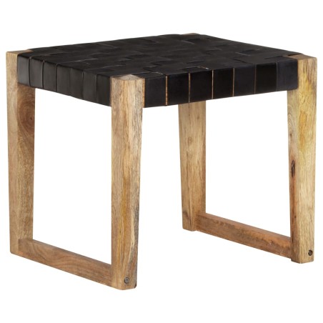 vidaXL Taburete de cuero auténtico negro y madera de mango maciza