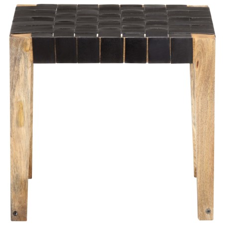 vidaXL Taburete de cuero auténtico negro y madera de mango maciza