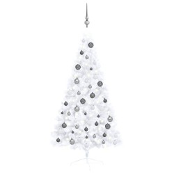 vidaXL Medio árbol de Navidad con luces y bolas blanco 150 cm