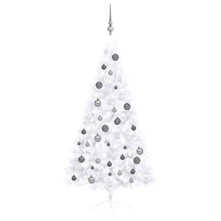 vidaXL Medio árbol de Navidad con luces y bolas blanco 150 cm