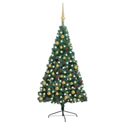 vidaXL Medio árbol de Navidad con luces y bolas verde 210 cm