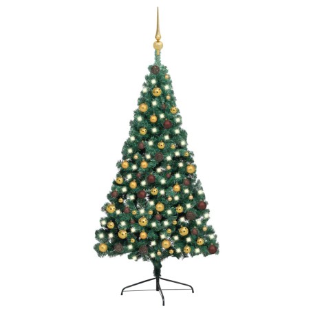 vidaXL Medio árbol de Navidad con luces y bolas verde 210 cm