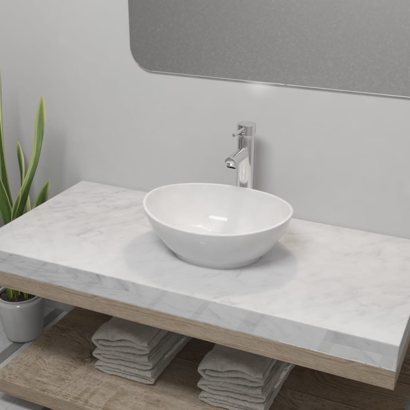 vidaXL Lavabo de baño con grifo mezclador cerámica ovalado blanco vidaXL Lavabo de baño con grifo mezclador cerámica ovalado blanco