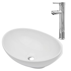 vidaXL Lavabo de baño con grifo mezclador cerámica ovalado blanco
