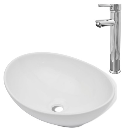 vidaXL Lavabo de baño con grifo mezclador cerámica ovalado blanco