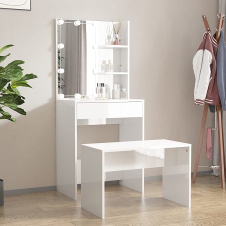 vidaXL Juego de tocador con LED madera contrachapada blanco brillante