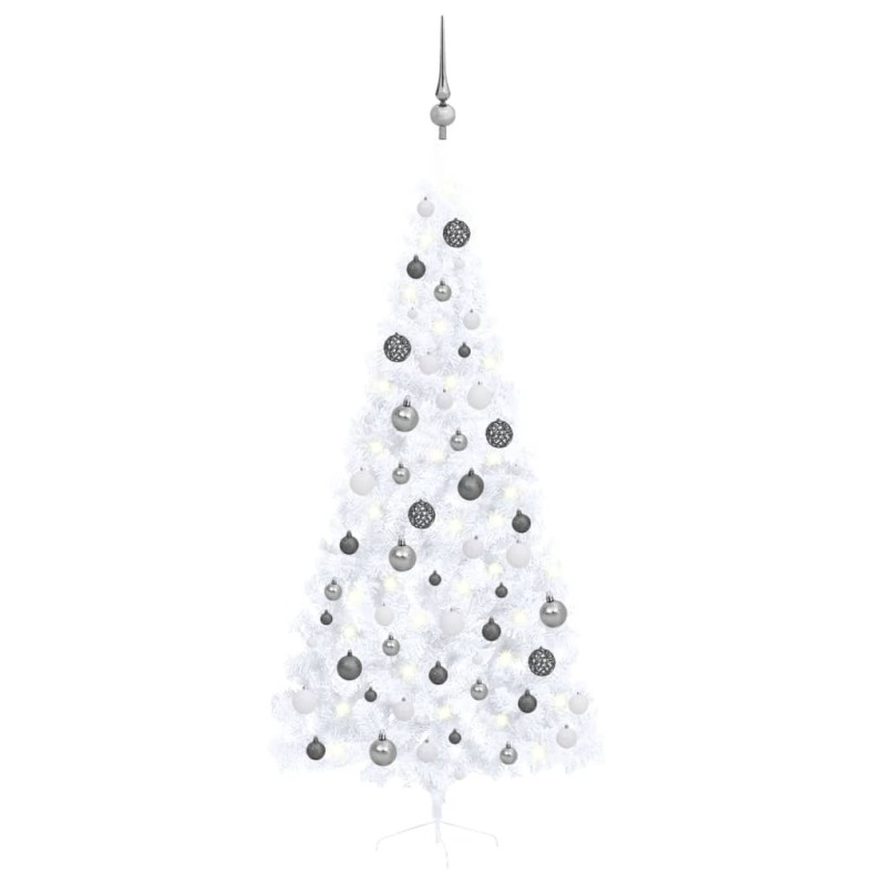 vidaXL Medio árbol de Navidad con luces y bolas blanco 120 cm