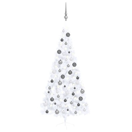 vidaXL Medio árbol de Navidad con luces y bolas blanco 120 cm