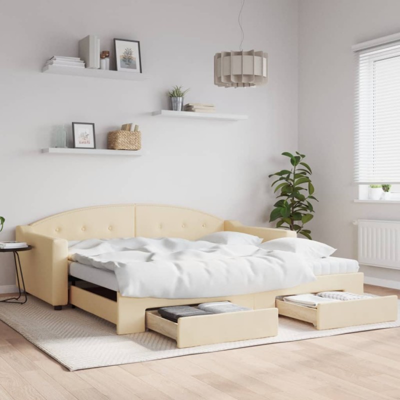 vidaXL Sofá cama nido con cajones tela color crema 100x200 cm vidaXL Sofá cama nido con cajones tela color crema 100x200 cm