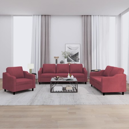 vidaXL Juego de sofás con cojines 3 piezas tela rojo tinto