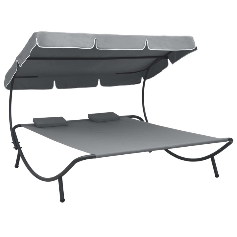 vidaXL Tumbona doble de jardín con toldo y cojines gris vidaXL Tumbona doble de jardín con toldo y cojines gris