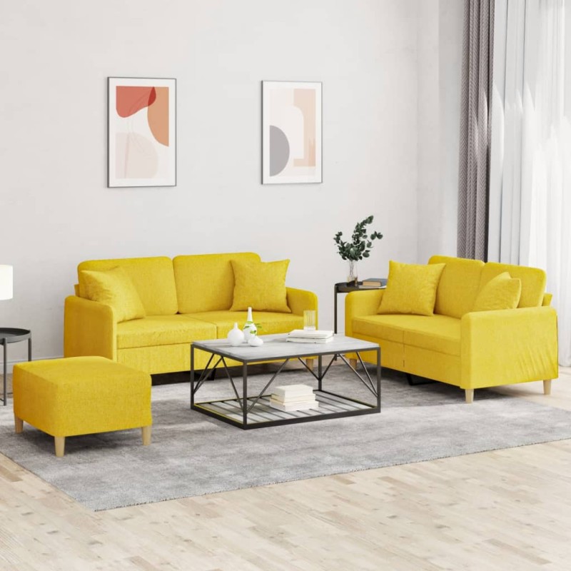 vidaXL Juego de sofás con cojines 3 piezas tela amarillo claro vidaXL Juego de sofás con cojines 3 piezas tela amarillo claro