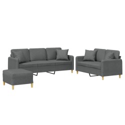 vidaXL Juego de sofás con cojines 3 piezas tela gris oscuro