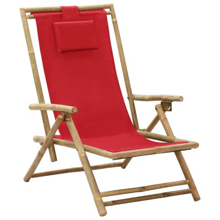 vidaXL Silla de relajación reclinable de bambú y tela roja