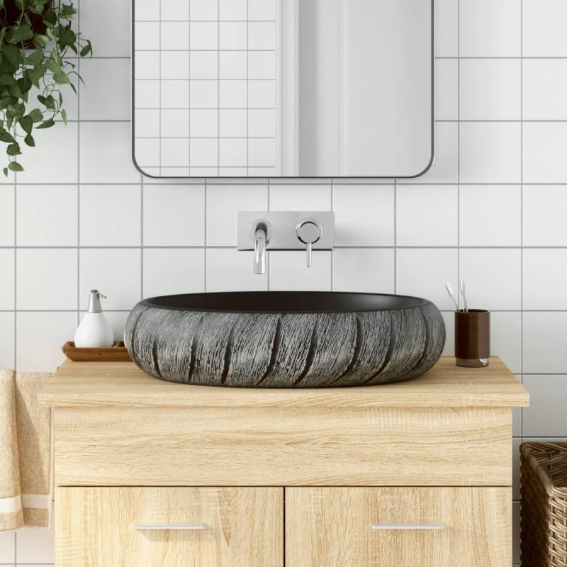 vidaXL Lavabo sobre encimera ovalado cerámica negro y gris 59x40x15 cm vidaXL Lavabo sobre encimera ovalado cerámica negro y gris 59x40x15 cm