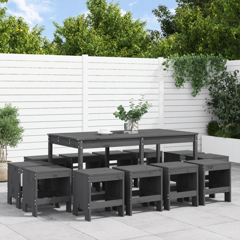 vidaXL Juego de comedor de jardín 13 piezas madera maciza pino gris vidaXL Juego de comedor de jardín 13 piezas madera maciza pino gris