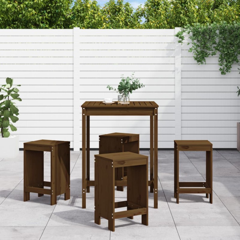 vidaXL Mesa y taburetes altos de jardín 5 pzas madera pino marrón miel vidaXL Mesa y taburetes altos de jardín 5 pzas madera pino marrón miel