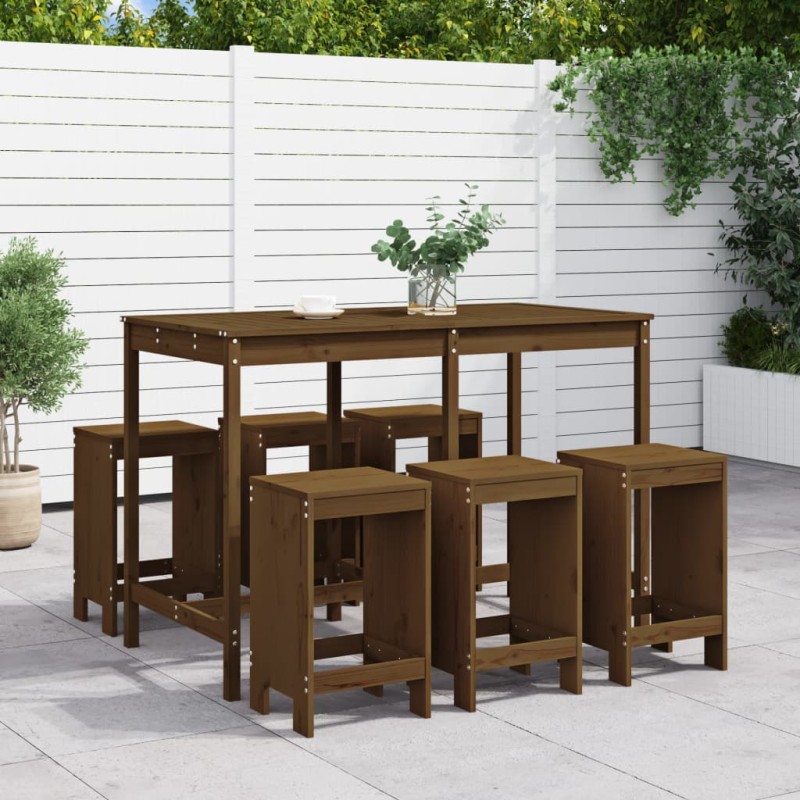 vidaXL Mesa y taburetes altos de jardín 7 pzas madera pino marrón miel vidaXL Mesa y taburetes altos de jardín 7 pzas madera pino marrón miel