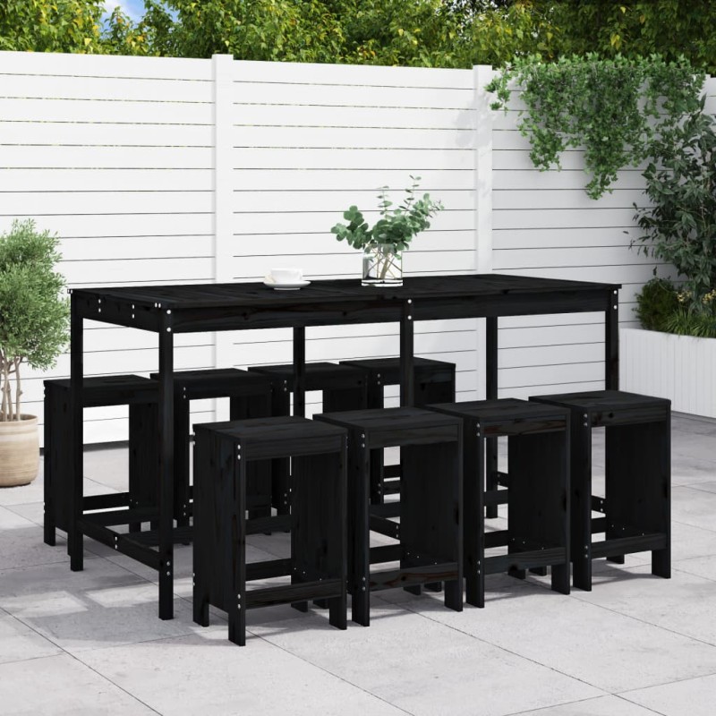 vidaXL Mesa y taburetes altos jardín 9 pzas madera maciza pino negro vidaXL Mesa y taburetes altos jardín 9 pzas madera maciza pino negro