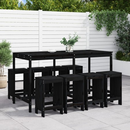 vidaXL Mesa y taburetes altos jardín 9 pzas madera maciza pino negro