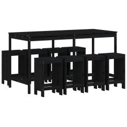 vidaXL Mesa y taburetes altos jardín 9 pzas madera maciza pino negro
