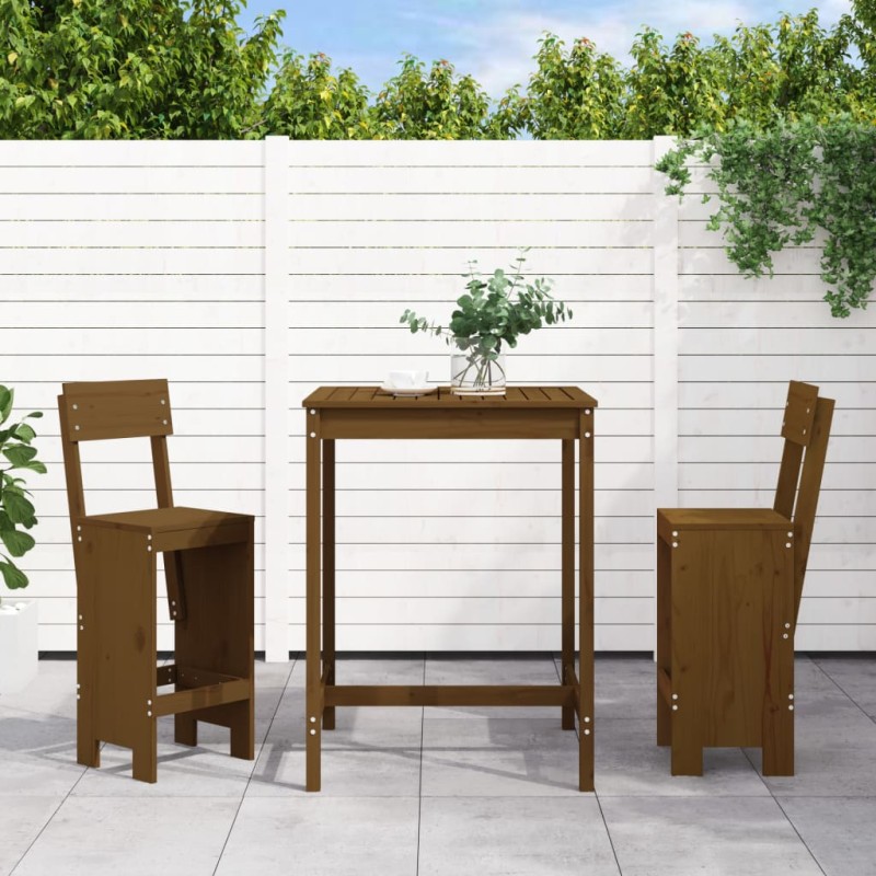 vidaXL Mesa y taburetes altos de jardín 3 pzas madera pino marrón miel vidaXL Mesa y taburetes altos de jardín 3 pzas madera pino marrón miel
