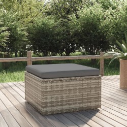 vidaXL Reposapiés de jardín con cojín ratán sintético gris 55x55x30 cm