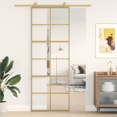 vidaXL Puerta corredera dorada de vidrio ESG transparente y aluminio