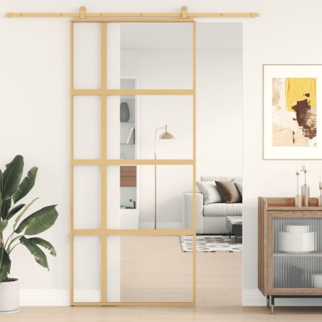vidaXL Puerta corredera dorada de vidrio ESG transparente y aluminio