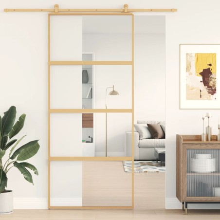 vidaXL Puerta corredera dorada de vidrio ESG transparente y aluminio