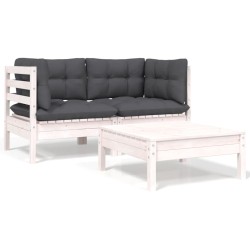 vidaXL Juego de muebles de jardín 3 pzas y cojines blanco madera pino