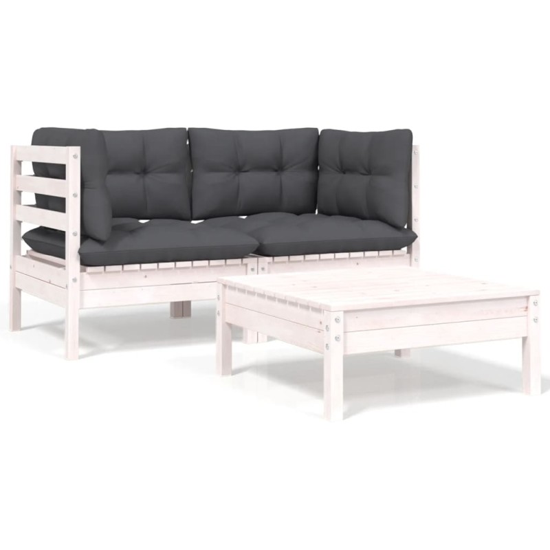 vidaXL Juego de muebles de jardín 3 pzas y cojines blanco madera pino vidaXL Juego de muebles de jardín 3 pzas y cojines blanco madera pino