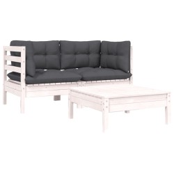 vidaXL Juego de muebles de jardín 3 pzas y cojines blanco madera pino