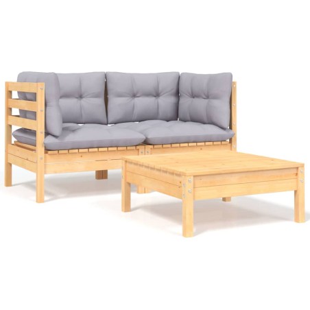 vidaXL Juego muebles de jardín 3 pzas cojines gris madera pino maciza