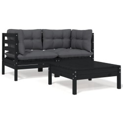 vidaXL Juego muebles de jardín 3 pzas cojines negro madera pino maciza