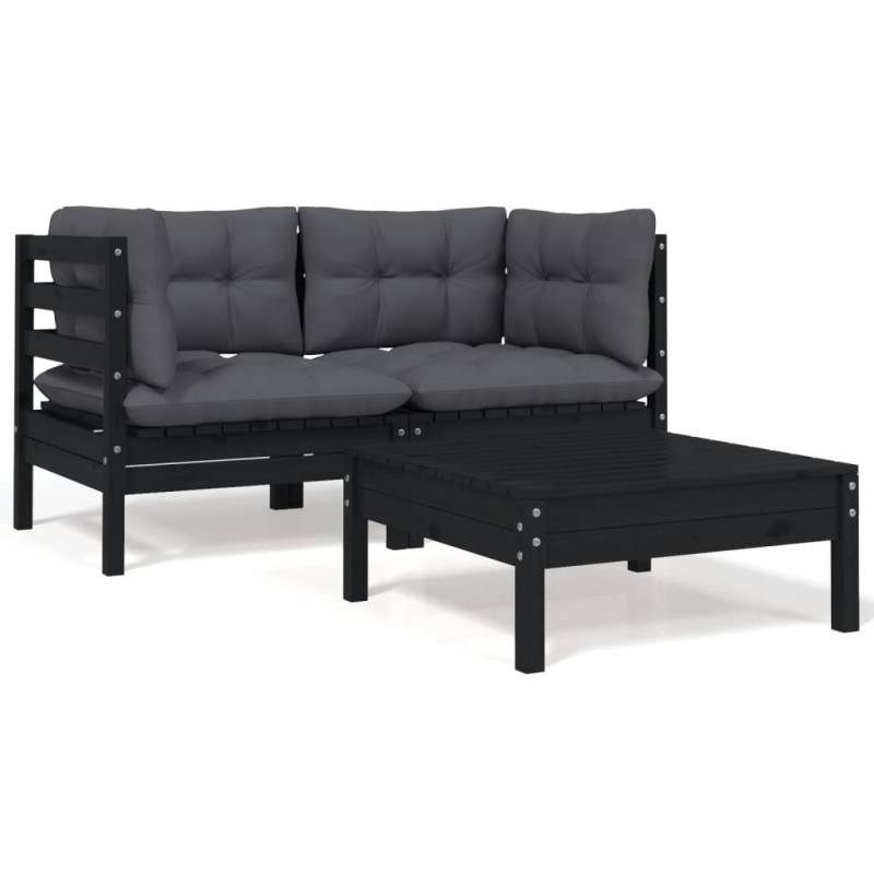 vidaXL Juego muebles de jardín 3 pzas cojines negro madera pino maciza vidaXL Juego muebles de jardín 3 pzas cojines negro madera pino maciza