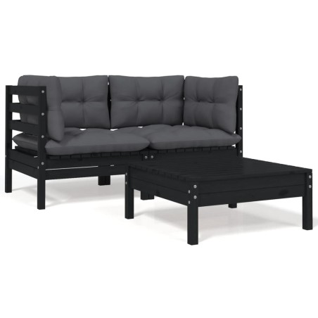 vidaXL Juego muebles de jardín 3 pzas cojines negro madera pino maciza