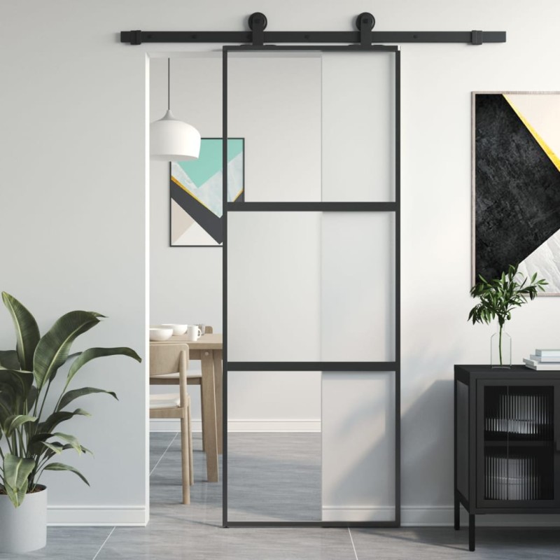 vidaXL Puerta corredera vidrio templado y aluminio negra 76x205 cm vidaXL Puerta corredera vidrio templado y aluminio negra 76x205 cm